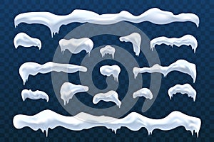 Snow ice icicle set Winter design. White blue snow template. Snowy frame decoration isolated blue transparent background