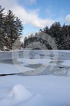 Snow and ice on the lake in January in Muskoka