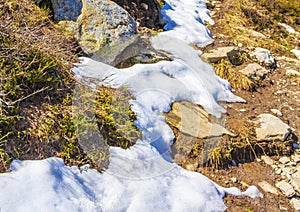 Snow and ice in summer landscape panorama of Norway Hemsedal