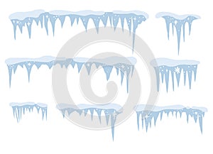 Snow and ice vector frames.Winter cartoon caps, snowdrifts and icicles.Background Snowcap borders.Snowy elements.Flat style decora photo