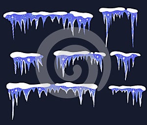 Snow and ice vector frames.Winter cartoon caps, snowdrifts and icicles.Background Snowcap borders.Snowy elements.Flat style decora