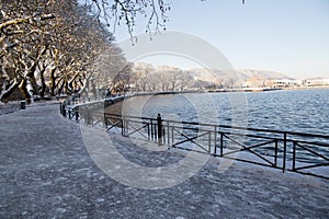 snow ice winter season trees road in Ioannina city Greece