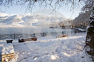 snow ice winter season trees road in Ioannina city Greece