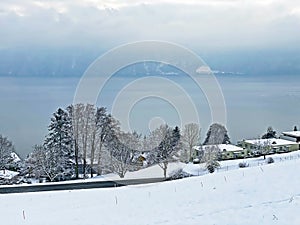 Snow idyll on the lake Lucerne VierwaldstÃ¤ttersee or Vierwaldstaettersee in the Weggis settlement - Canton of Lucerne