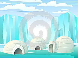 Snow igloo house. Ice landscape. Dwelling of northern nomadic peoples in Arctic. From ice and snow blocks. illustration