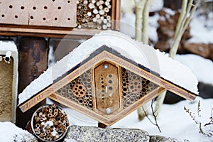 Snow at insect hotel with wild bees and wesps