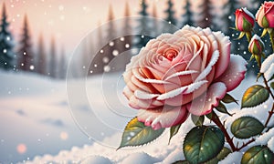 Snow-Kissed Roses: Blurry Bokeh and Sparkling Details Amidst Blooming Beauty