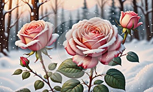 Snow-Kissed Roses: Blurry Bokeh and Sparkling Details Amidst Blooming Beauty