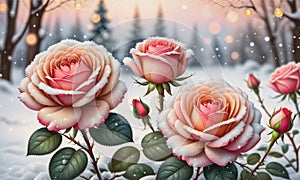 Snow-Kissed Roses: Blurry Bokeh and Sparkling Details Amidst Blooming Beauty