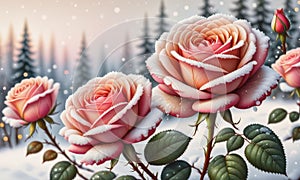 Snow-Kissed Roses: Blurry Bokeh and Sparkling Details Amidst Blooming Beauty