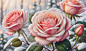 Snow-Kissed Roses: Blurry Bokeh and Sparkling Details Amidst Blooming Beauty