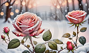 Snow-Kissed Roses: Blurry Bokeh and Sparkling Details Amidst Blooming Beauty