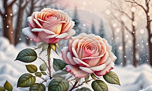 Snow-Kissed Roses: Blurry Bokeh and Sparkling Details Amidst Blooming Beauty