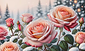 Snow-Kissed Roses: Blurry Bokeh and Sparkling Details Amidst Blooming Beauty