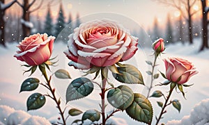 Snow-Kissed Roses: Blurry Bokeh and Sparkling Details Amidst Blooming Beauty