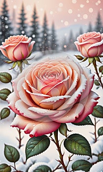 Snow-Kissed Roses: Blurry Bokeh and Sparkling Details Amidst Blooming Beauty