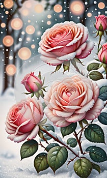 Snow-Kissed Roses: Blurry Bokeh and Sparkling Details Amidst Blooming Beauty