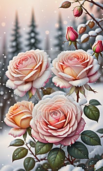 Snow-Kissed Roses: Blurry Bokeh and Sparkling Details Amidst Blooming Beauty