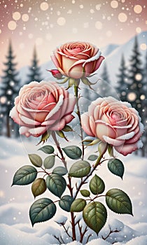 Snow-Kissed Roses: Blurry Bokeh and Sparkling Details Amidst Blooming Beauty