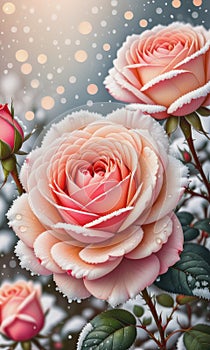 Snow-Kissed Roses: Blurry Bokeh and Sparkling Details Amidst Blooming Beauty