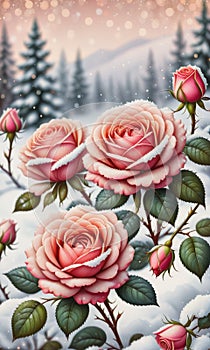 Snow-Kissed Roses: Blurry Bokeh and Sparkling Details Amidst Blooming Beauty