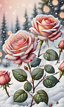 Snow-Kissed Roses: Blurry Bokeh and Sparkling Details Amidst Blooming Beauty