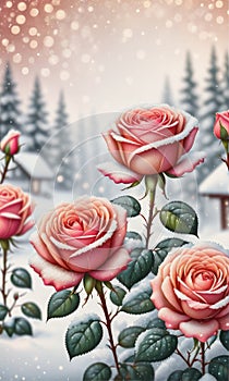 Snow-Kissed Roses: Blurry Bokeh and Sparkling Details Amidst Blooming Beauty