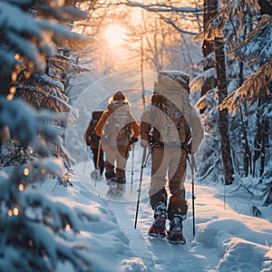 Snow kissed trails Friends embarking on a winter snowshoeing expedition