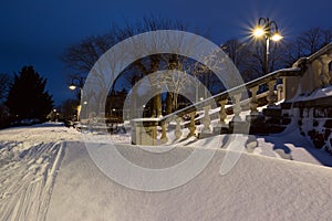 Snow landscape in Burgas Sea Garden, near the Culture center Sea Casino at blue hour.