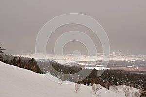 Snow landscape in hokkaido Japan bad weather coming in Clouds