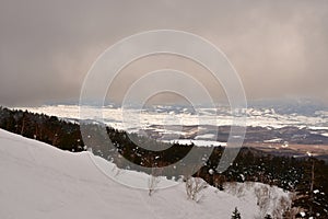 Snow landscape in hokkaido Japan bad weather coming in Clouds