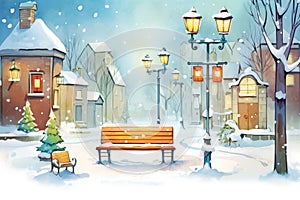 snow layering on village benches, streetlamps lit