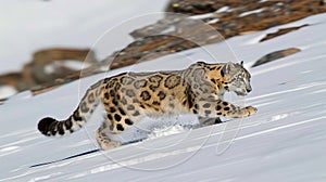 Snow leopard blending into snowy landscape, perfectly camouflaged in its natural habitat