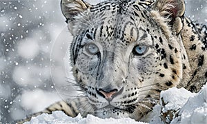 snow leopard with blue eyes is looking at the camera
