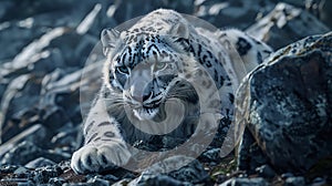 Snow leopard camouflaged in moonlit rocky terrain, detailed portrait with epic composition