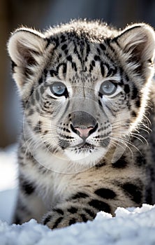 Snow leopard cub close up portrait