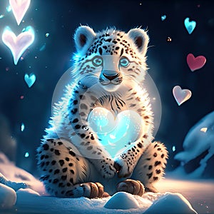 Snow Leopard Cub hugging heart Cute baby snow leopard sitting in the snow and holding a heart generative AI animal ai