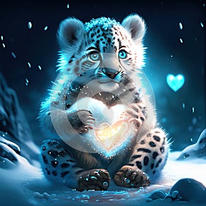 Snow Leopard Cub hugging heart Valentines Day card with cute baby snow leopard and heart. AI Generated animal ai