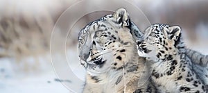 Snow leopard and cub portrait with space for text, ideal for adding personalized messages