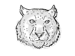 Snow leopard Endangered Wildlife Cartoon Retro Drawing