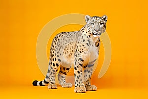 Snow leopard full body, studio shoot concept on orange background