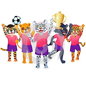 The snow leopard girl with goblet, and the team of panther, jaguar, lion and tiger is on the white background