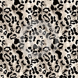 Snow leopard or jaguar coat seamless pattern with black rossetes on gray brown background. Exotic wild animal skin print