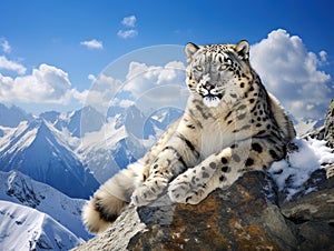 Snow leopard lay on mauntain landscape