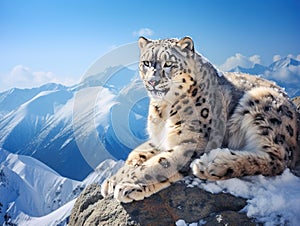 Snow leopard lay on mauntain landscape