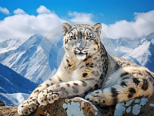 Snow leopard lay on mauntain landscape