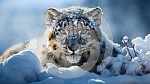 Snow leopard laying in the snow looking at the camera. Generative AI