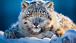 Snow leopard laying in the snow with it's eyes open. Generative AI