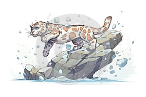 a snow leopard leaping from one rock to another