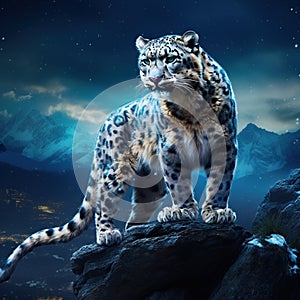 Snow leopard with long tail in the daRK rock mountain Hemis National Park Kashmir India. Wildlife scene from Asia